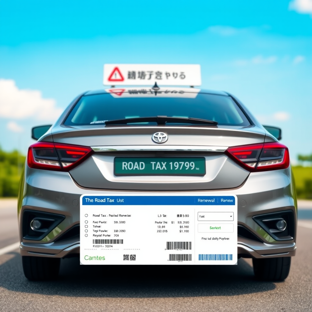 Professional road tax renewal service showing a modern car with Singapore road tax disc and digital renewal interface