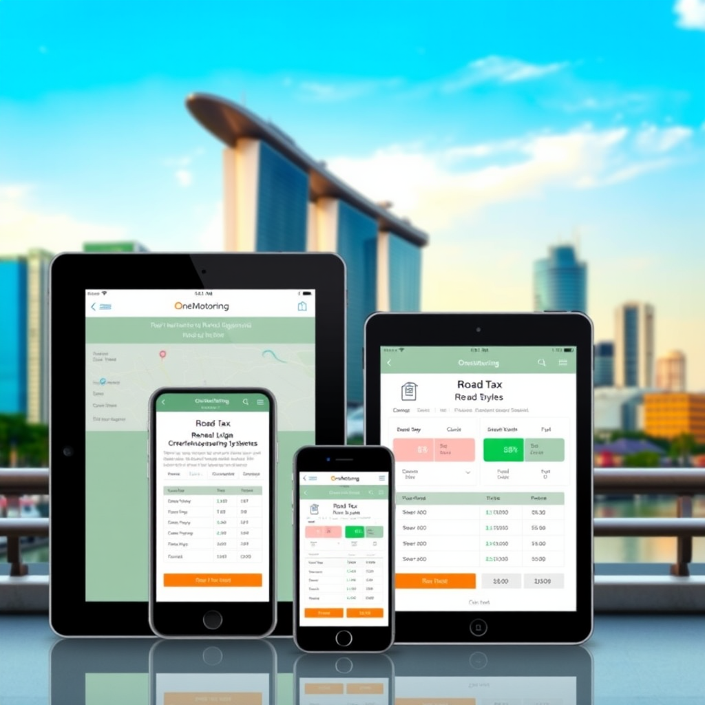 Modern digital interface showing Singapore's new road tax renewal system with OneMotoring platform displayed on multiple devices including smartphones and tablets, featuring the Singapore skyline in the background