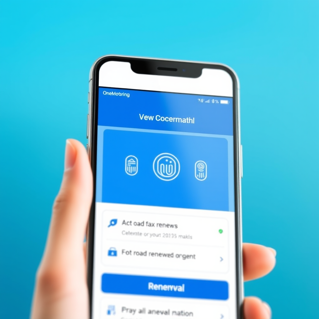 Modern smartphone displaying the OneMotoring mobile application interface with biometric authentication screen and road tax renewal options, featuring clean blue and white design elements