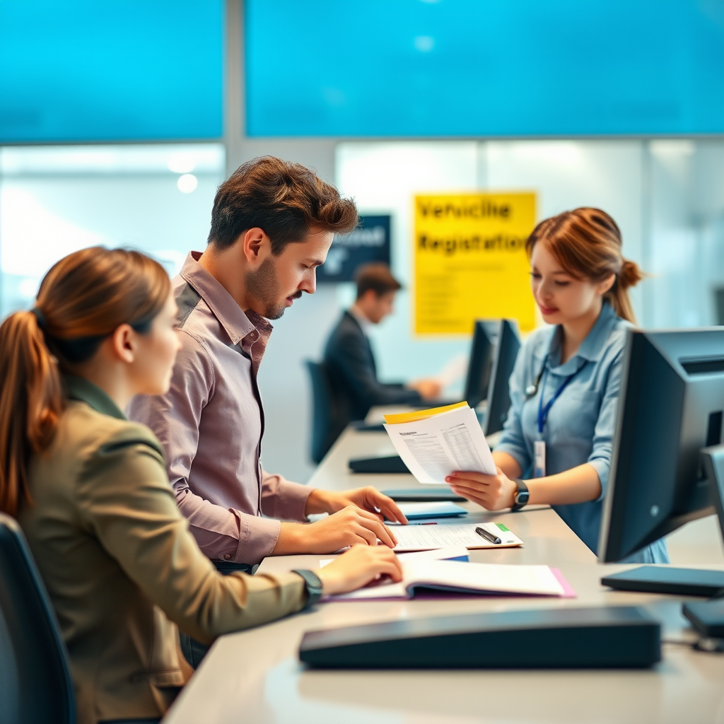 Professional staff member assisting customer with vehicle registration paperwork at a modern service counter with official documents and computer systems visible