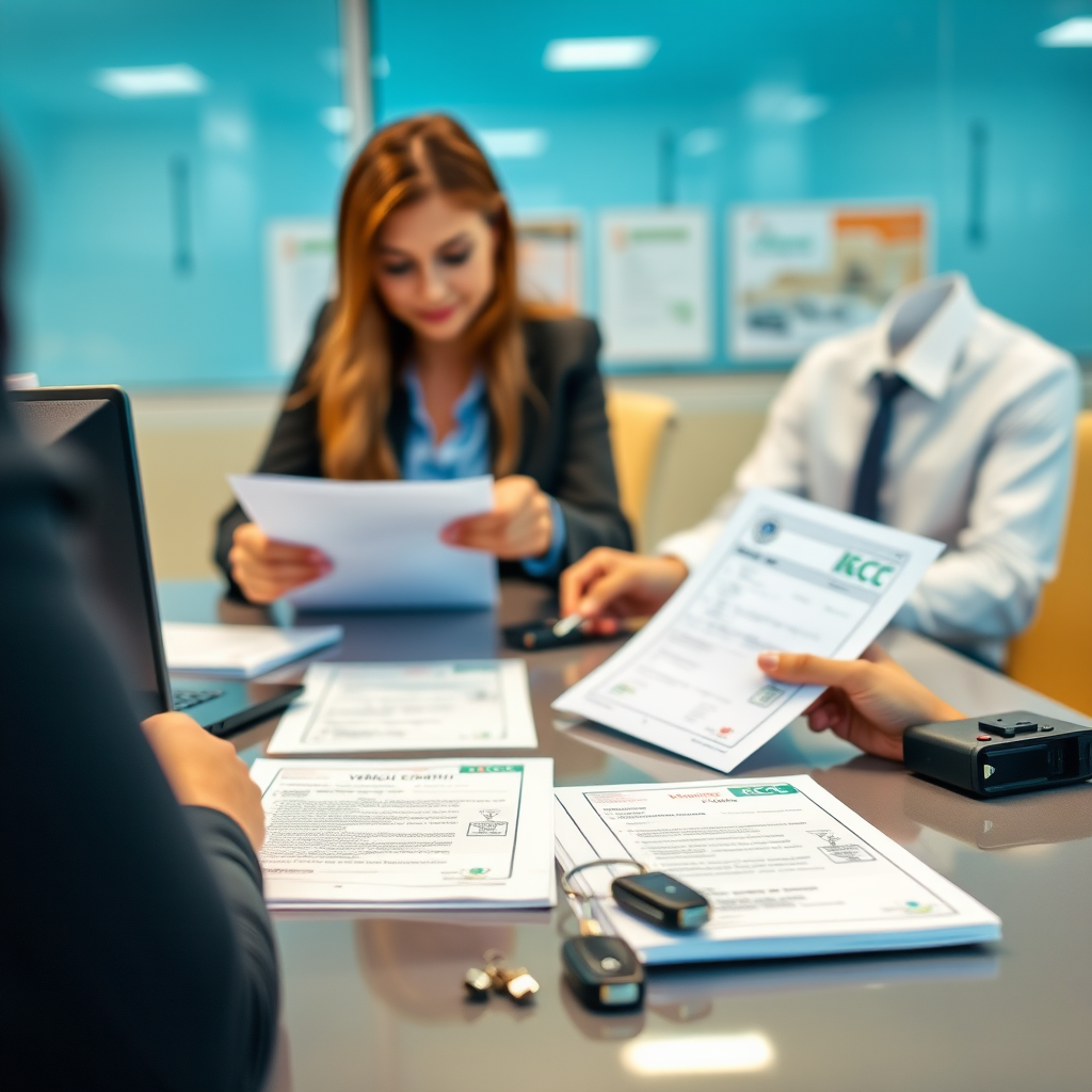 Professional vehicle registration service showing documents, car keys, and registration certificates on a desk with a consultant helping a customer complete paperwork