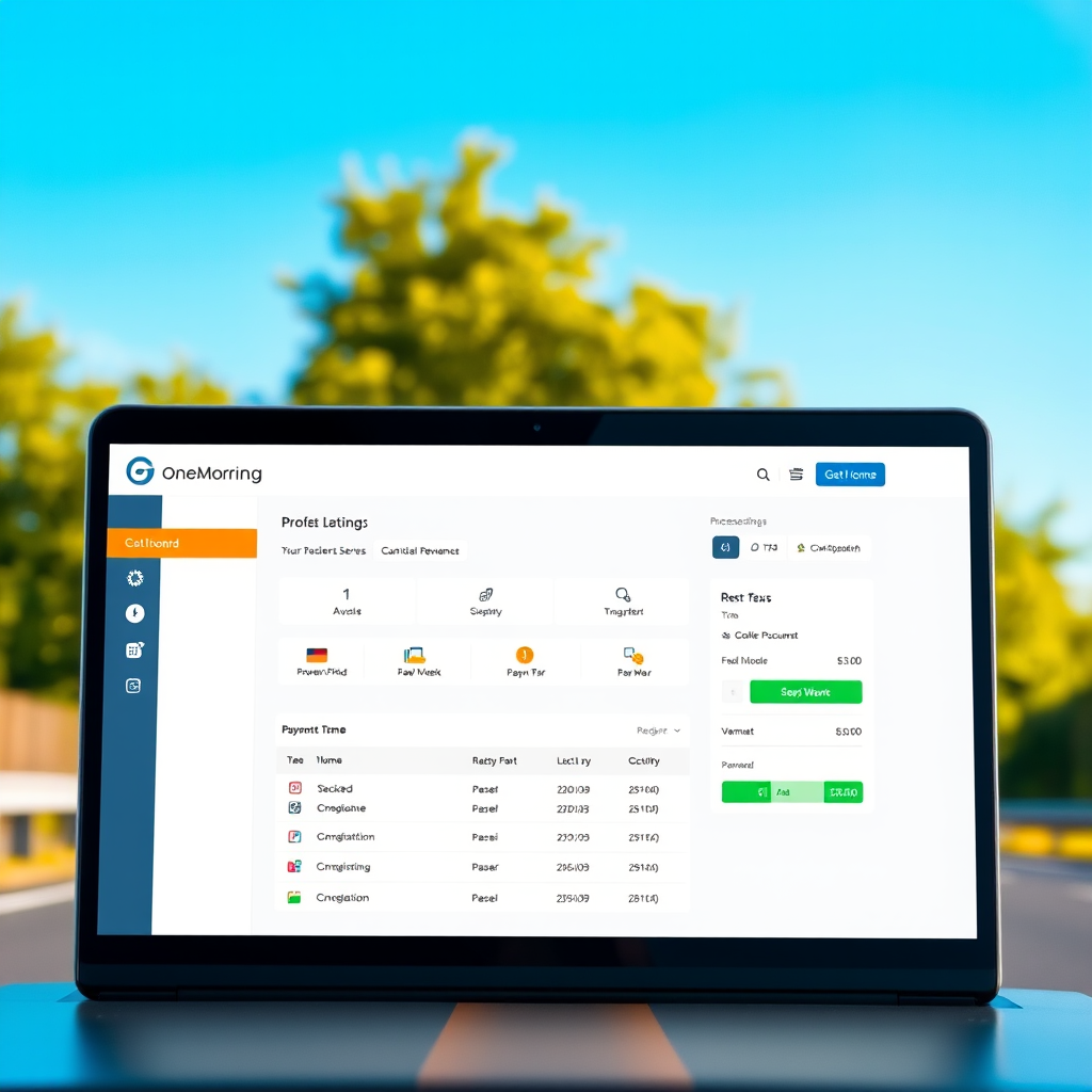 Professional road tax renewal service showing OneMotoring integration dashboard with vehicle registration documents and payment processing interface
