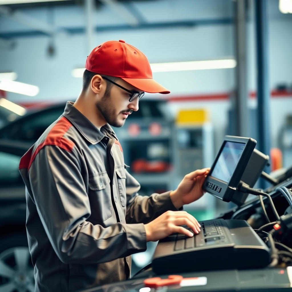 Professional mechanic conducting comprehensive vehicle safety inspection with diagnostic equipment in modern automotive service center
