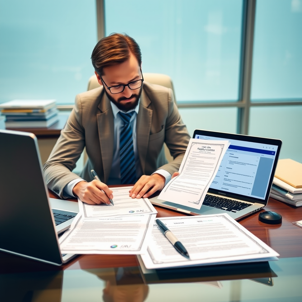 Professional consultant reviewing vehicle compliance documents and regulations on a desk with official forms, certificates, and a laptop displaying regulatory guidelines