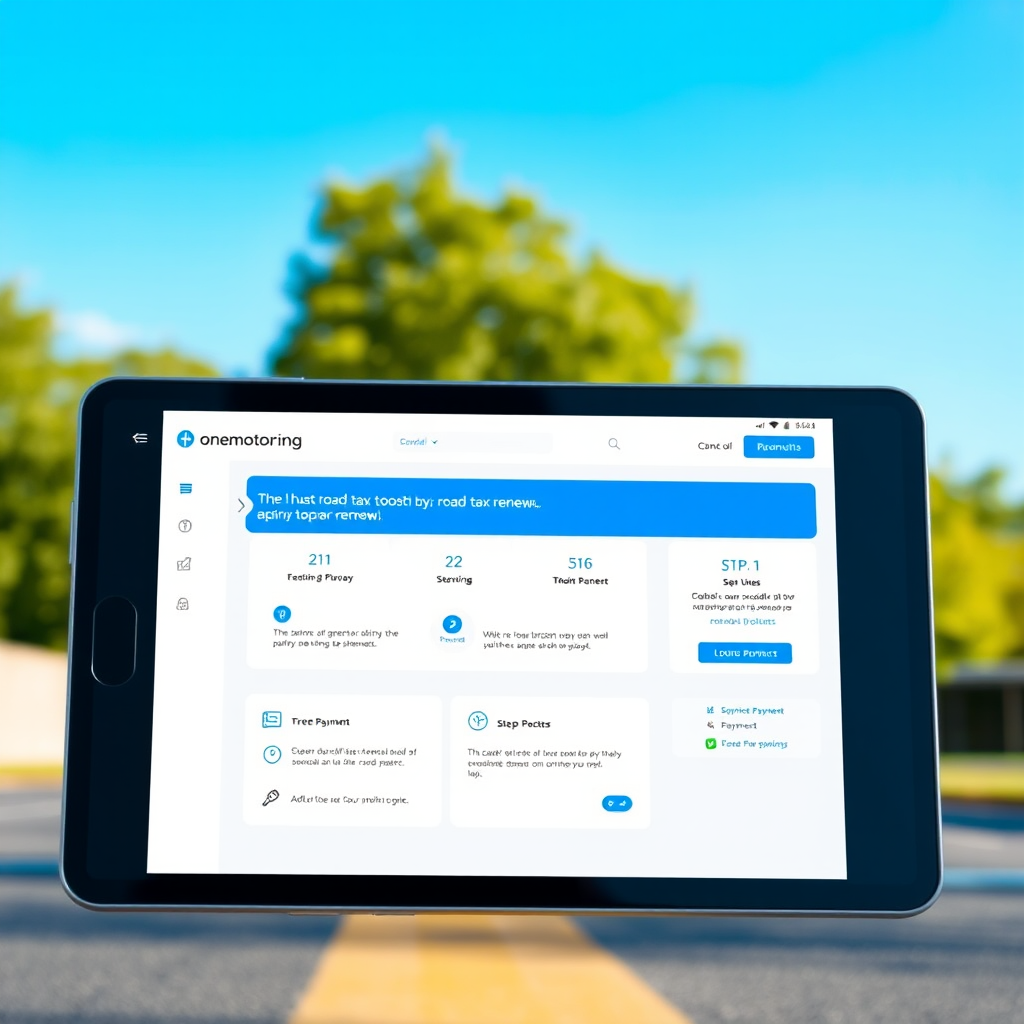 Screenshot of the OneMotoring digital platform interface showing the road tax renewal process with clean blue and white design, featuring step-by-step navigation and secure payment options