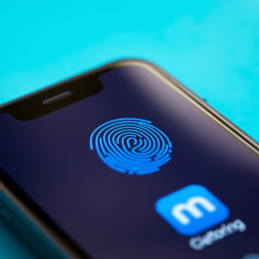 Close-up view of smartphone screen showing fingerprint scanner interface with blue security indicators and OneMotoring app logo