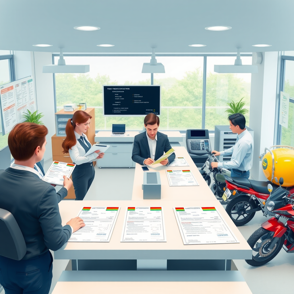 Modern vehicle registration office with professional staff assisting customers, showing completed registration certificates and various vehicle types including cars, motorcycles, and commercial vehicles