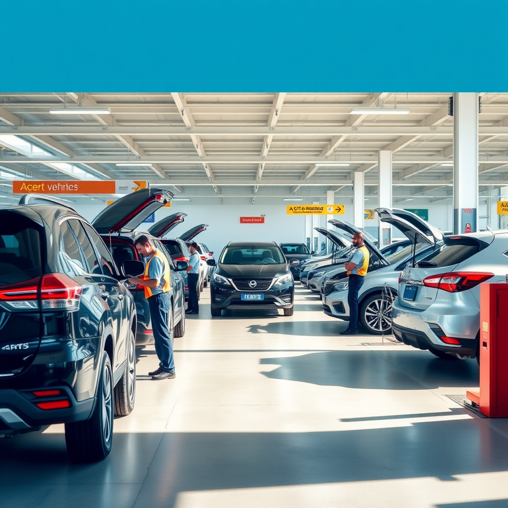 Modern vehicle inspection facility with certified technicians performing comprehensive safety and emissions testing on various vehicles