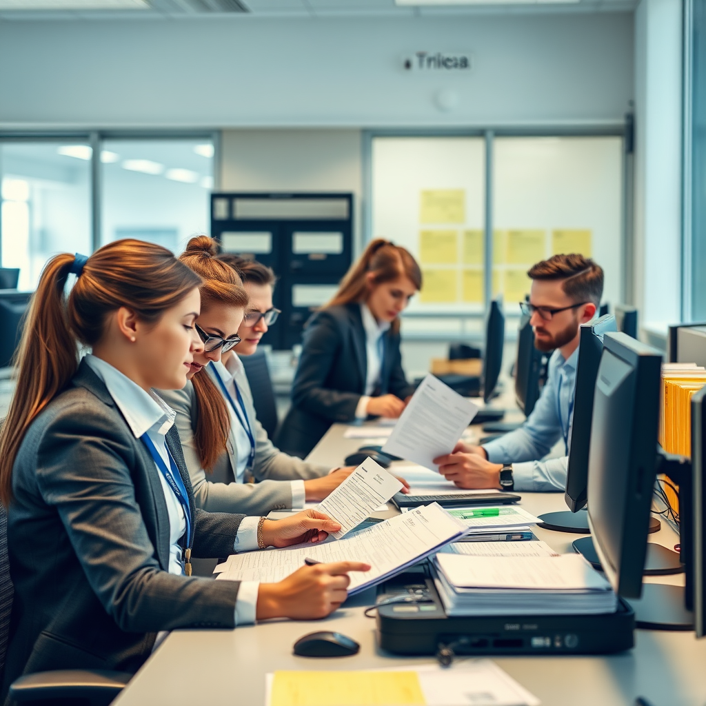 Professional team of document processing experts working with vehicle registration forms, permits, and official paperwork in a modern office environment with computers and filing systems