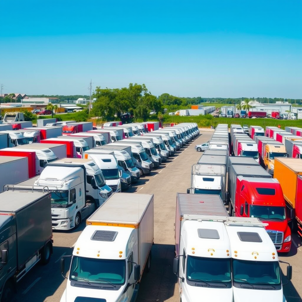 Fleet of commercial vehicles parked in organized rows with compliance tracking systems and digital monitoring equipment visible