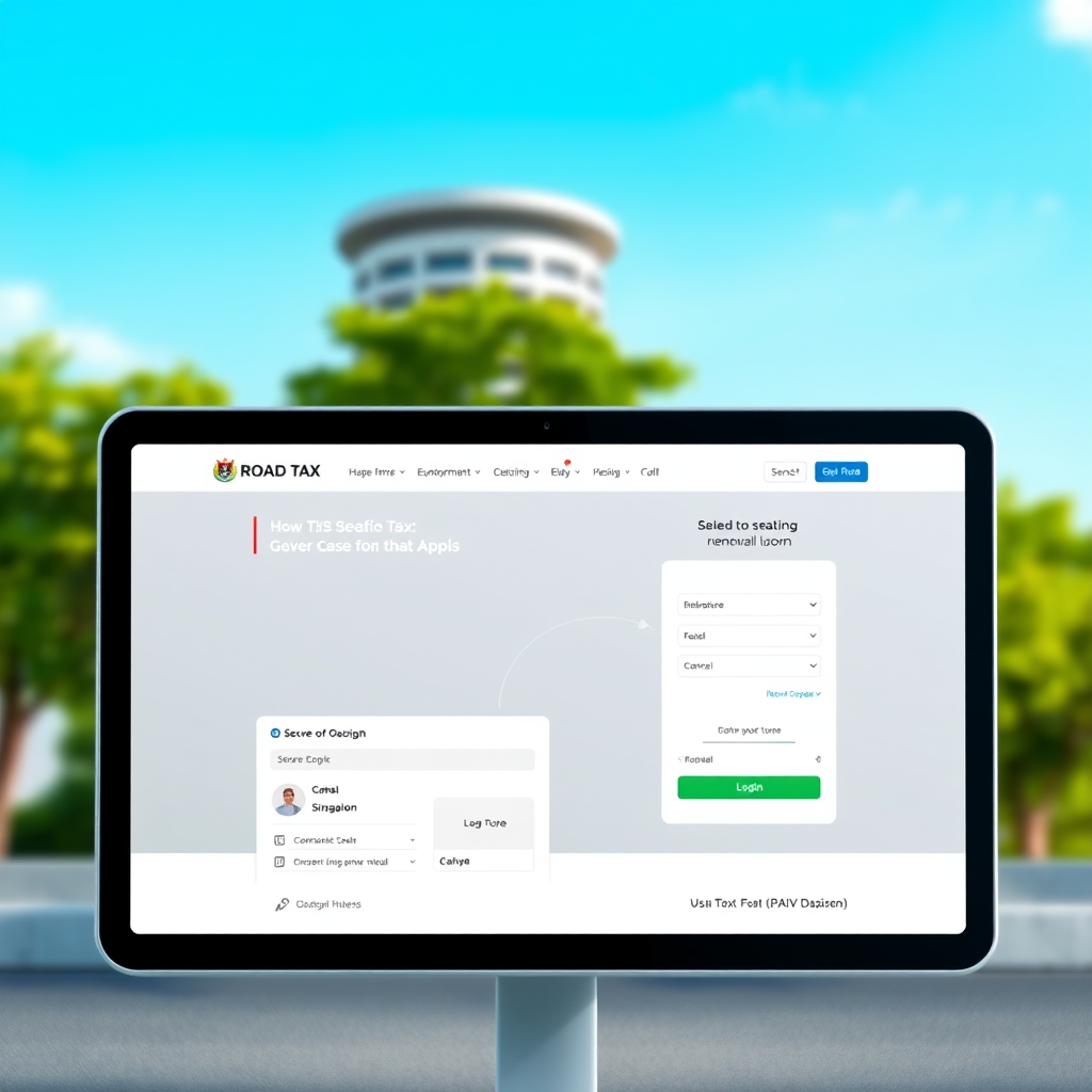 Modern digital interface showing Singapore's new road tax renewal system with secure login screens and government portal design