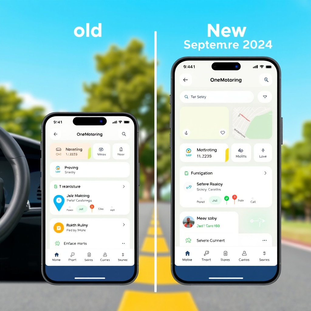 Side-by-side comparison showing the old OneMotoring app interface versus the new September 2024 design, highlighting improved navigation, cleaner layout, and enhanced user experience elements