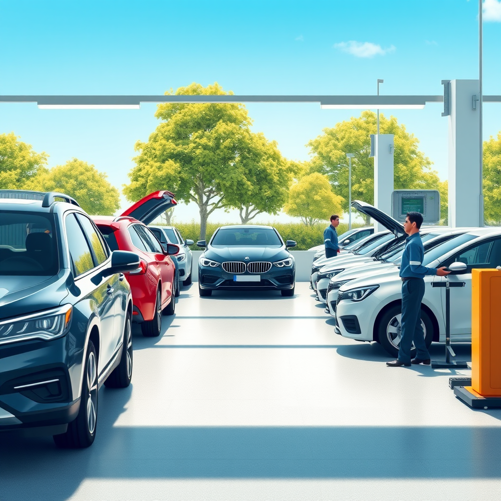 Modern vehicle inspection facility with cars undergoing safety and emissions testing with certified technicians using diagnostic equipment