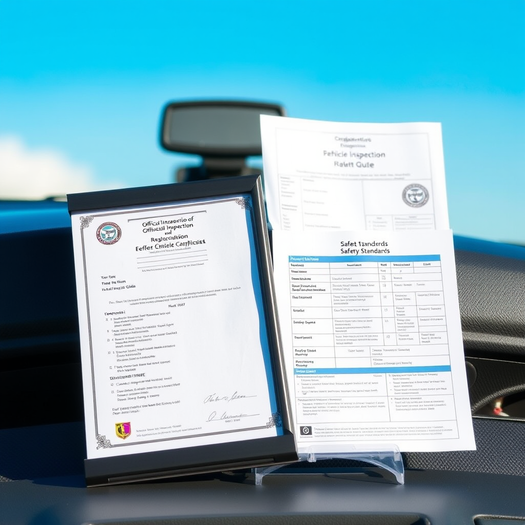 Official vehicle inspection certificate and regulatory compliance documentation displayed alongside inspection checklist and safety standards guide
