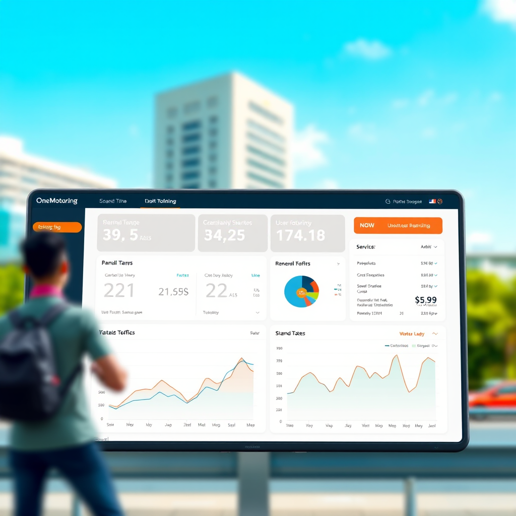 Busy OneMotoring portal dashboard showing high traffic statistics and user activity graphs during peak renewal season in Singapore