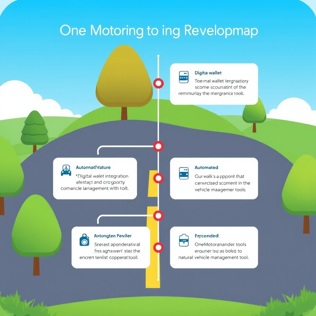 Infographic showing the OneMotoring app development roadmap with timeline markers for upcoming features including digital wallet integration, automated reminders, and expanded vehicle management tools