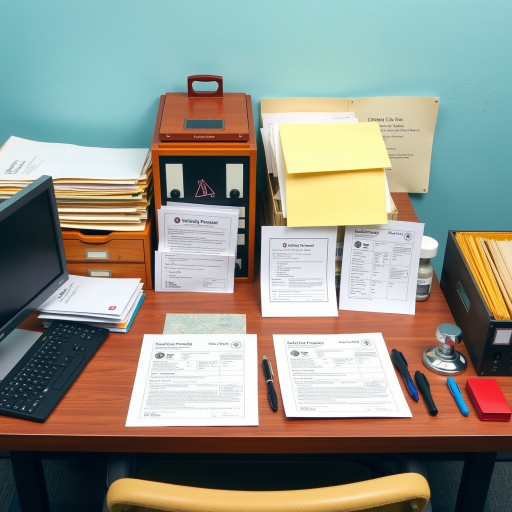 Organized desk with vehicle documentation forms, official stamps, and filing systems showing professional document processing workflow
