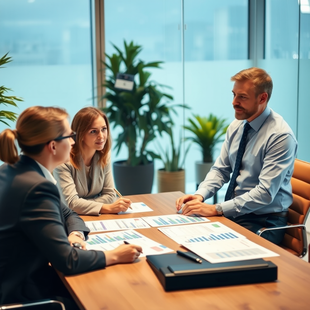 Professional consultant meeting with client in modern office setting discussing vehicle compliance regulations with charts and legal documents on table